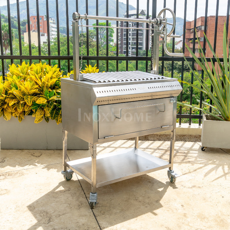 ASADOR Y CAJA CHINA ACERO INOXIDABLE CON BASE RUEDAS
