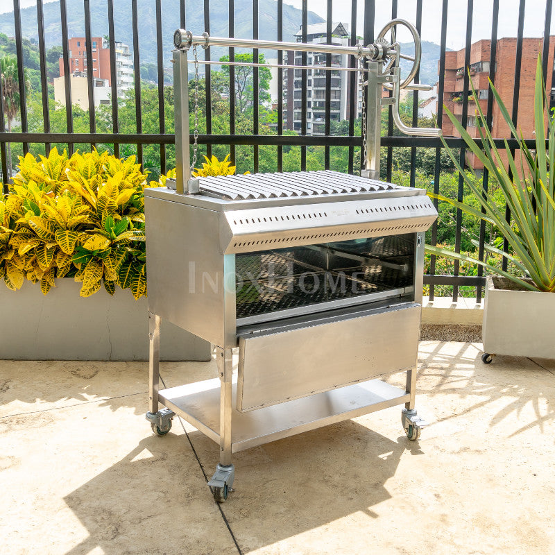 ASADOR Y CAJA CHINA ACERO INOXIDABLE CON BASE RUEDAS