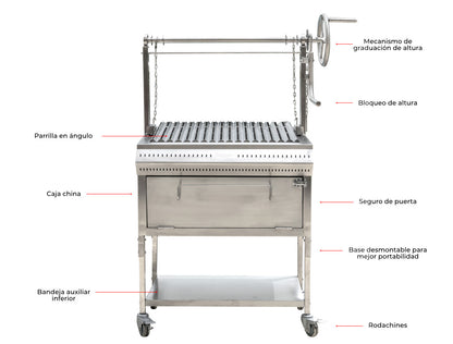 ASADOR Y CAJA CHINA ACERO INOXIDABLE CON BASE RUEDAS